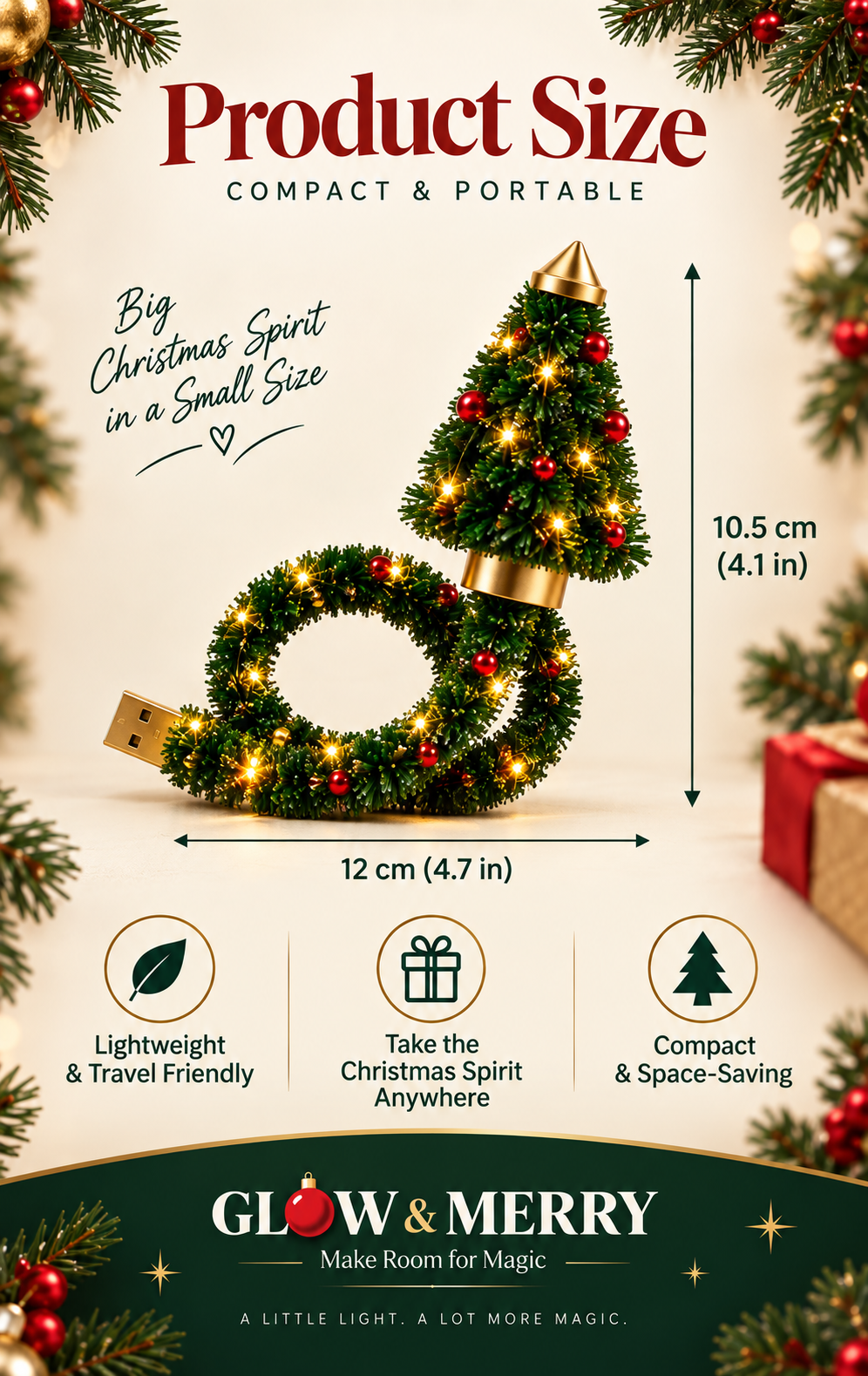 Glow & Merry Christmas Projector Light — USB Powered Holiday Night Light with 6+ Festive Patterns